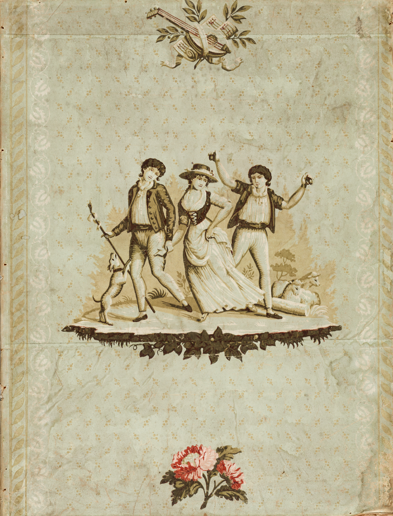 Faded beige wallpaper featuring three figures in traditional attire, a dog, and a flock of sheep. Floral ornaments can be seen above and below the pastoral scene.