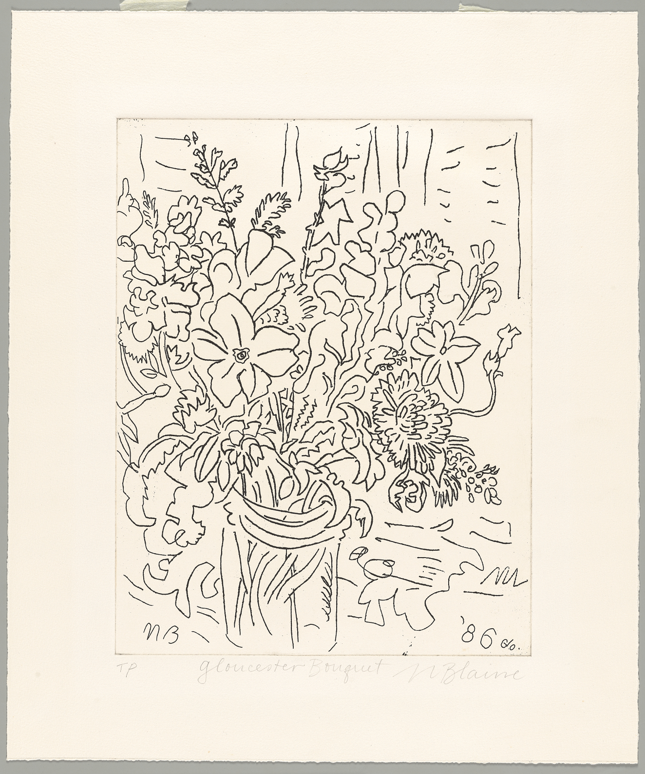A loose, scribbly black line drawing of a bouquet of flowers in a short vase sketched on a natural white background. 