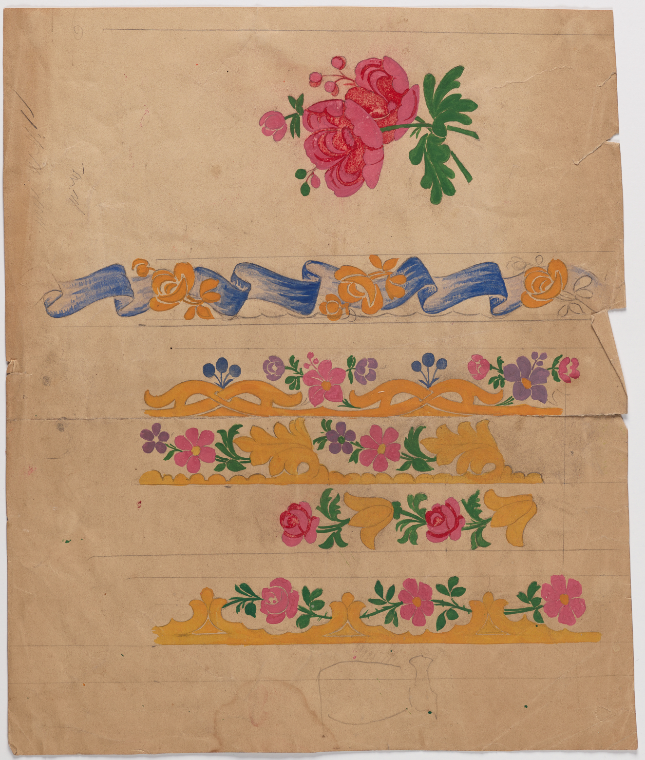 Multiple incomplete designs of borders with pink and purple flowers, yellow scroll details, and blue ribbon between graphite guidelines.