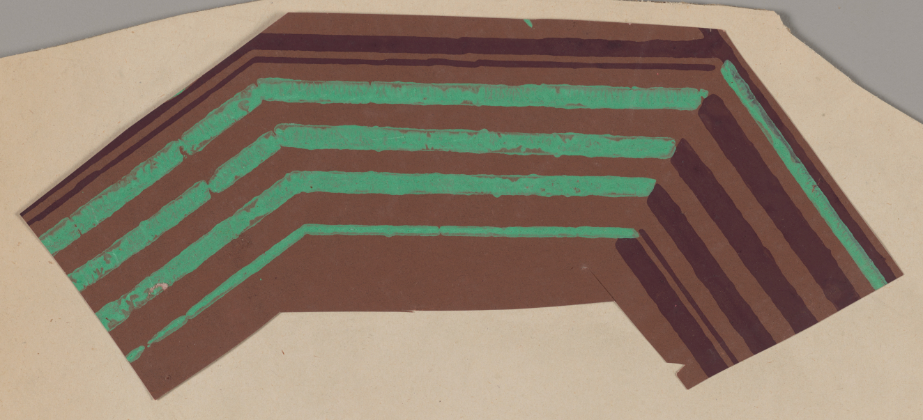 Arched brown border design on a neutral background featuring an angular pattern of geometric green lines contrasted with dark brown lines to create a dimensional effect.