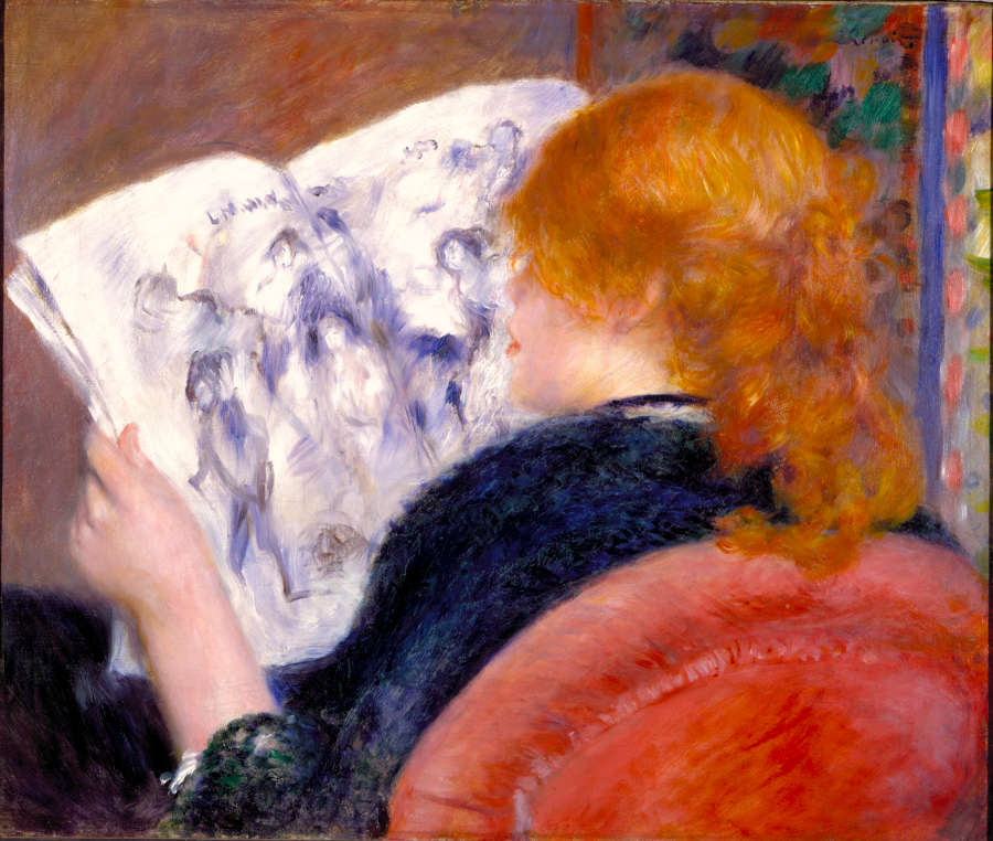 A gestural painting of a woman, shown from behind, wearing blue with her red hair loosely tied back holding reading a magazine. Her hair hides her eyes from view.