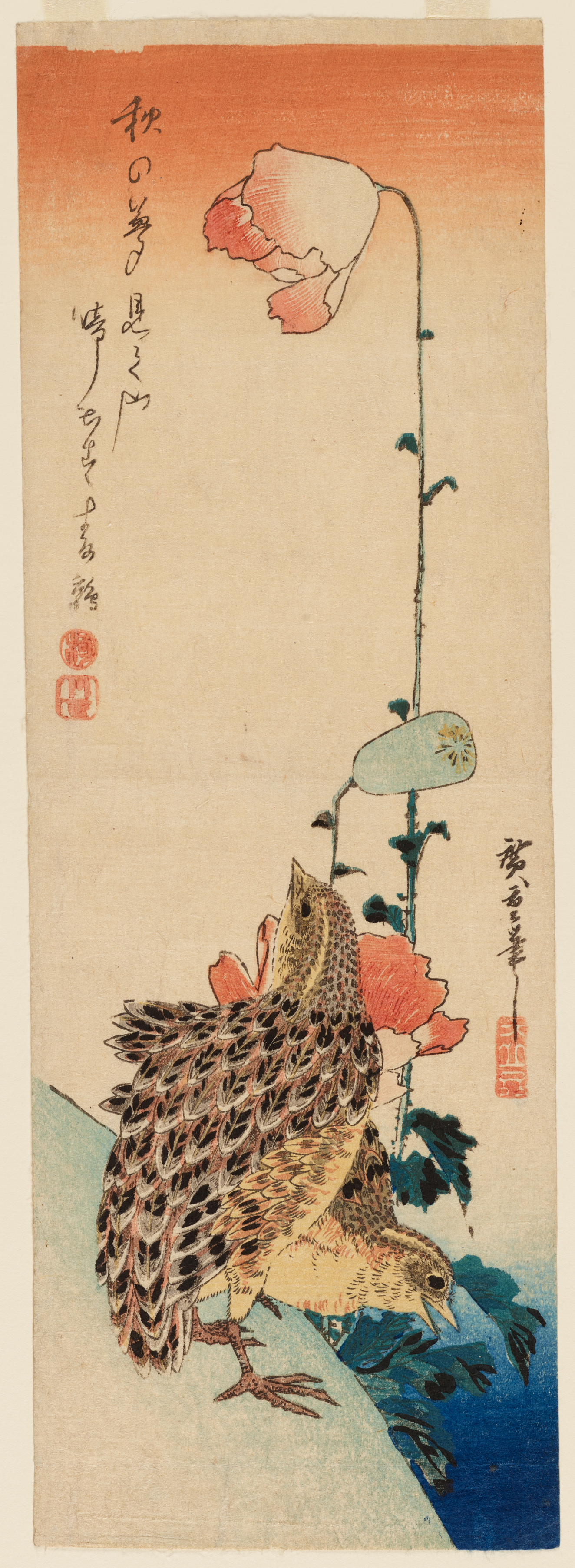 Two small brown birds with dense black spots and ruffled feathers stand on a grassy slope besides deep blue water, beneath tall red flowers and an orange sky.