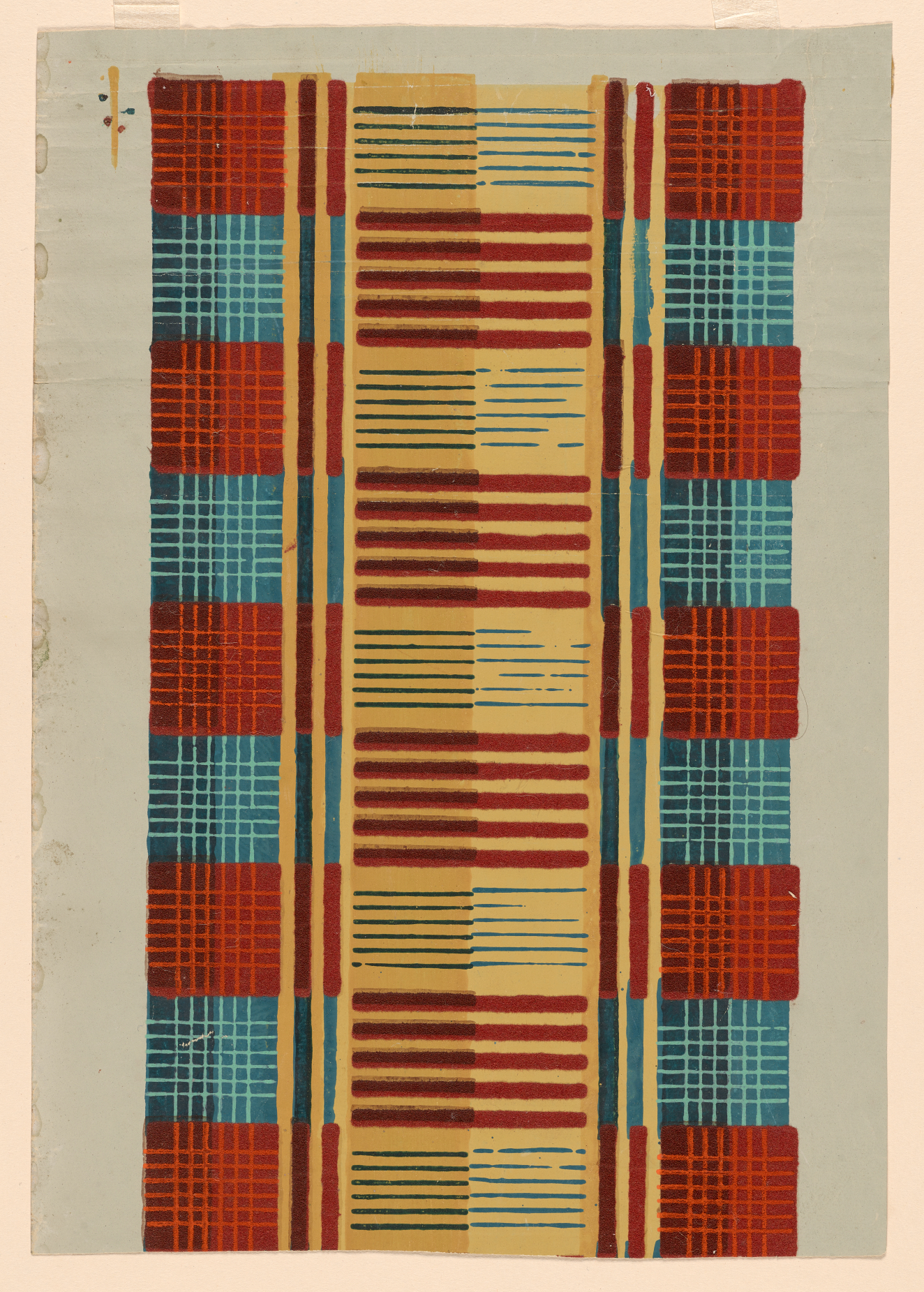 Symmetrical design of vertical stacked red, yellow, and real rectangles, with thin grid lines.