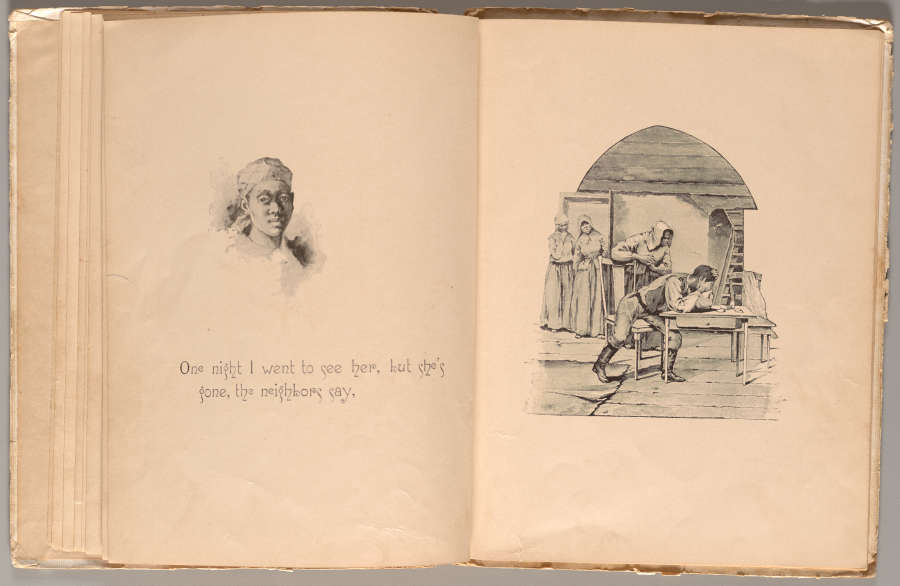 An aged open book with a portrait sketch above a poetic line on the left and a larger illustration of a figure bent over a desk on the right page.