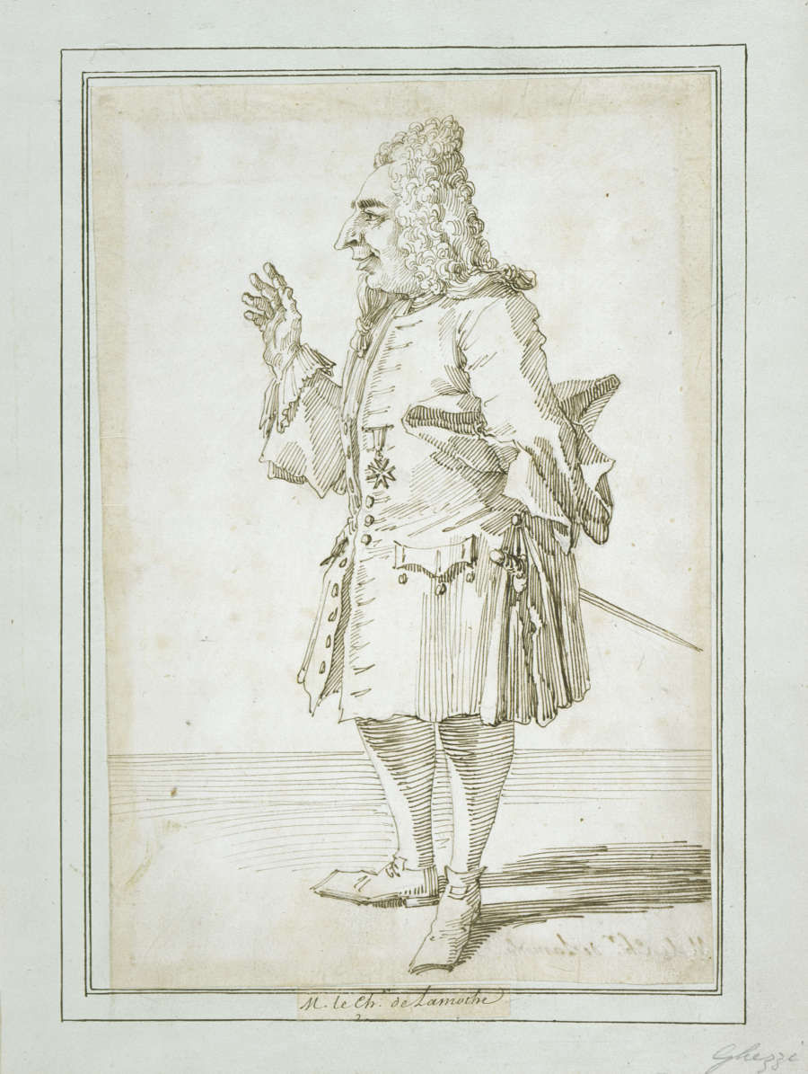 A pen and ink drawing of a smiling, bewigged French knight. In uniform, he stands facing left, one arm holding a tri-corner hat, the other held up in greeting.