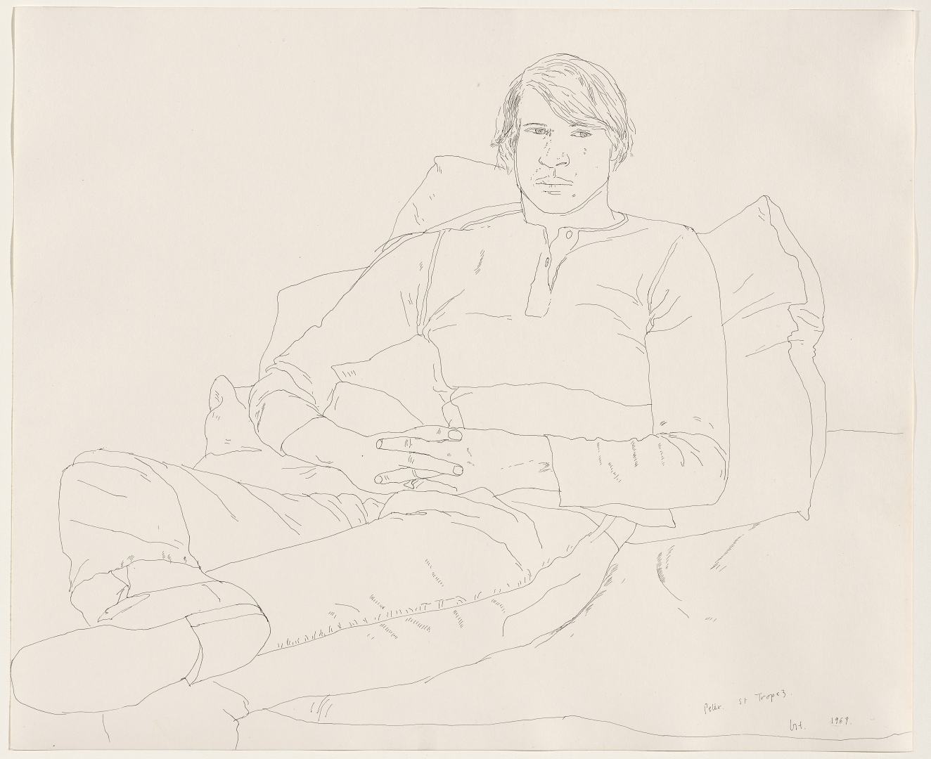 Line drawing of a man. He makes eye contact as he reclines against a pillow, one foot resting on the other knee and his hands clasped in his lap. 