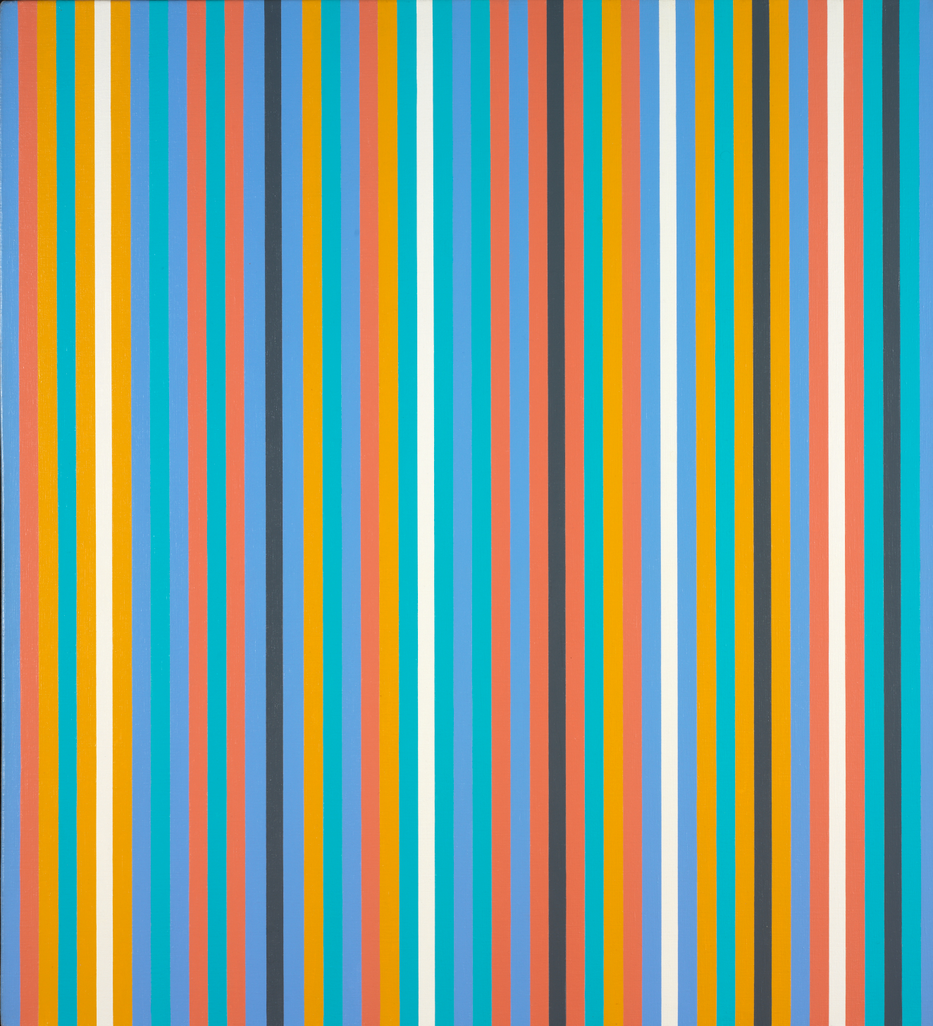 Painting composed of narrow, evenly sized vertical stripes in bright, saturated turquoise, orange, pink, blue, white, and yellow, in a non-repeating order, creating a dense, rhythmic overall pattern. 