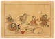 A lightly colored woodblock print of seven figures sitting in a circle. They are being entertained by a dancing crane and a turtle.