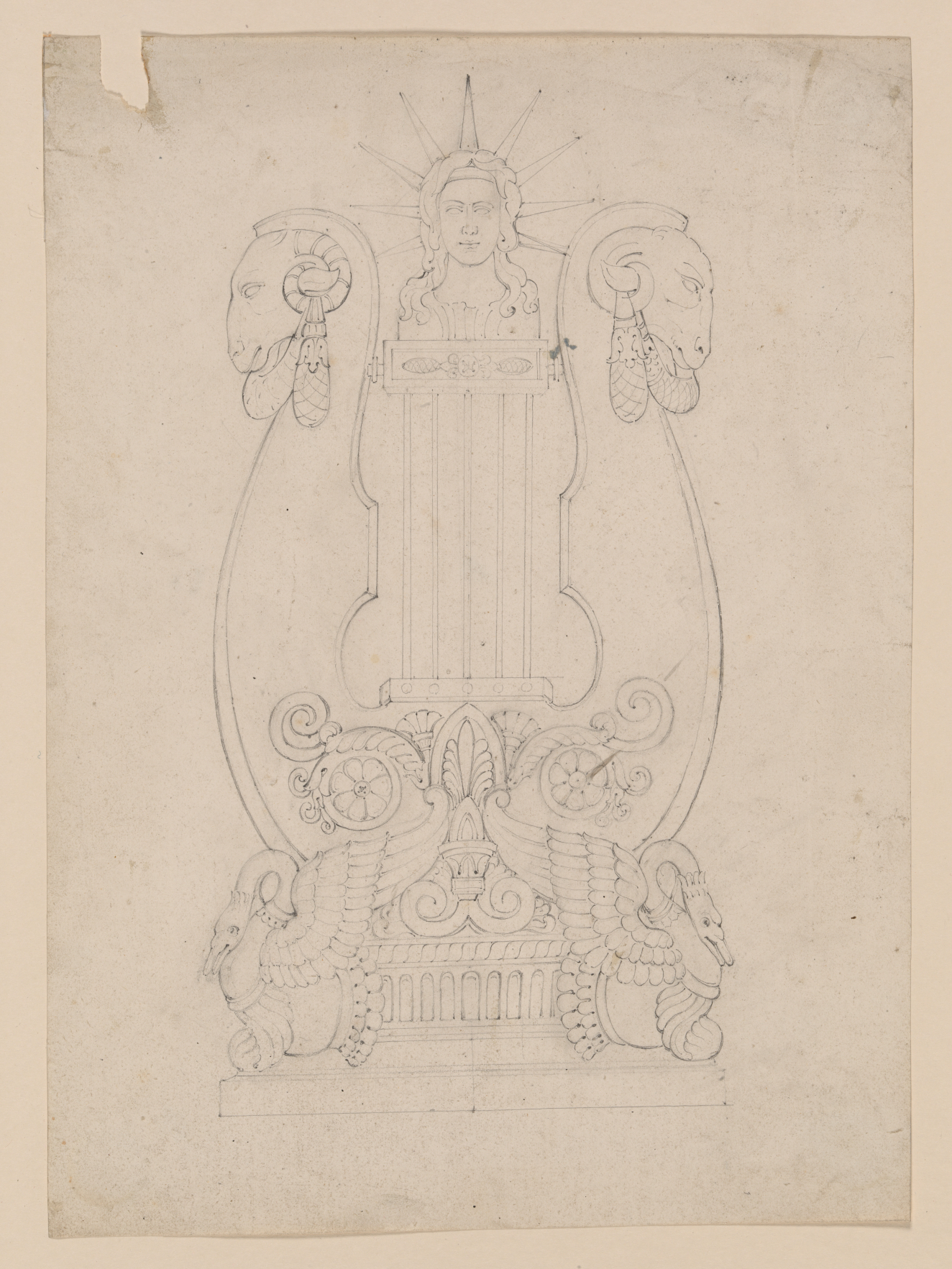 Graphite drawing of a lyre with a central human figure crowned by triangular rays. It’s framed by ram-like figures and sits on a base of detailed scrolls and winged animals.
