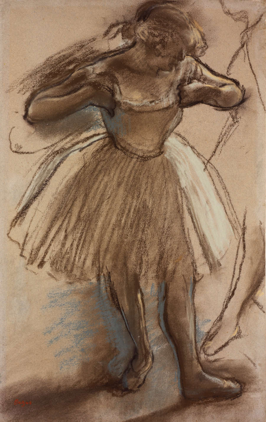 Brown pastel drawn with expressive lines and soft shading depicting a woman wearing a knee length tutu in a dance pose lit from behind, casting a shadow to the left.