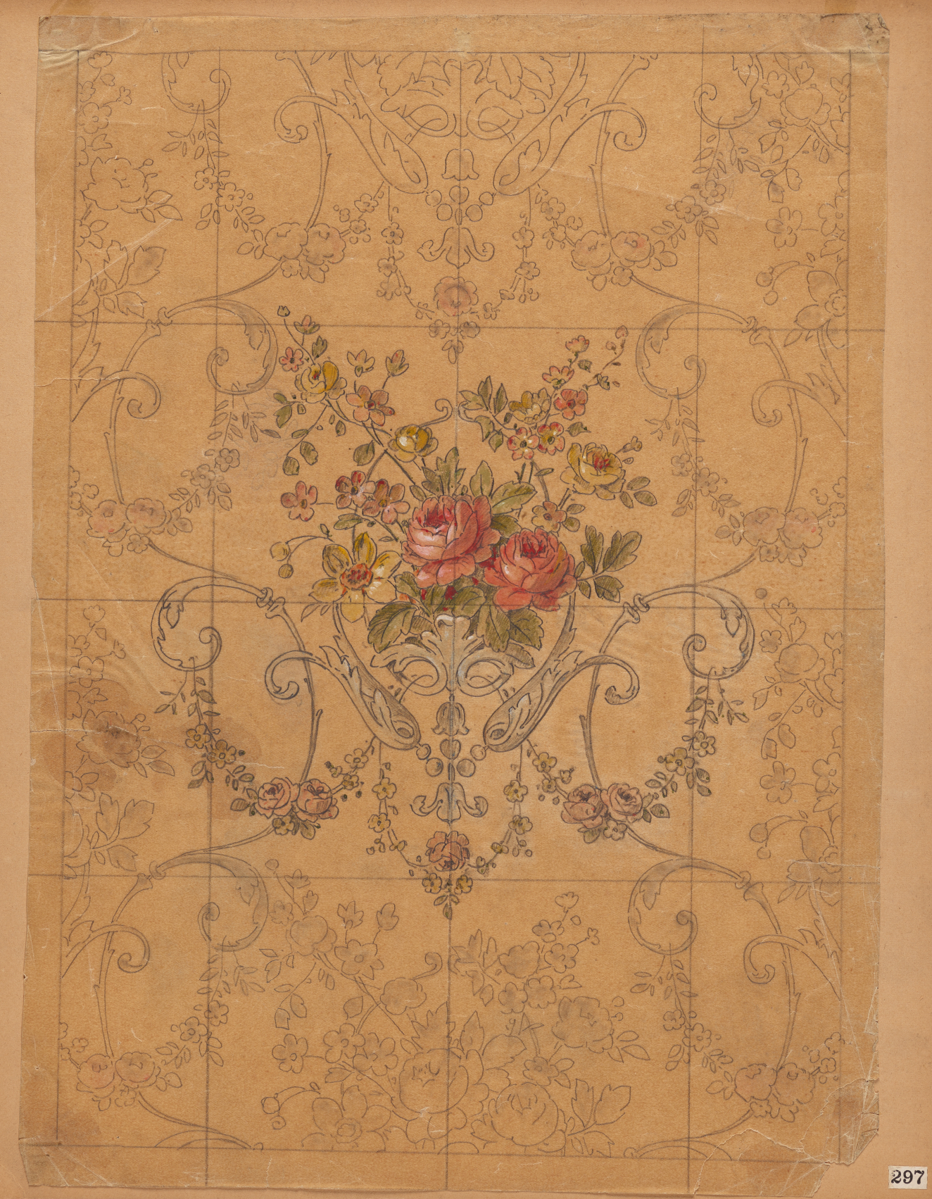 Elegant floral arrangement of  pink, green, and yellow flowers at center surrounded by intricate graphite vines and scrolls, drawn on aged paper.