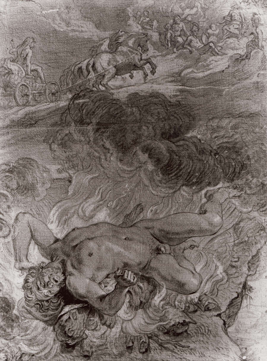 A bearded and nude Hercules lays across the bottom of the drawing on his funeral pyre. The top half depicts his entering Olympus via chariot, welcomed by the gods.