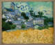 A textured landscape with an expressive, gold wheat field in the foreground, and a quaint blue town set against curling clouds. 