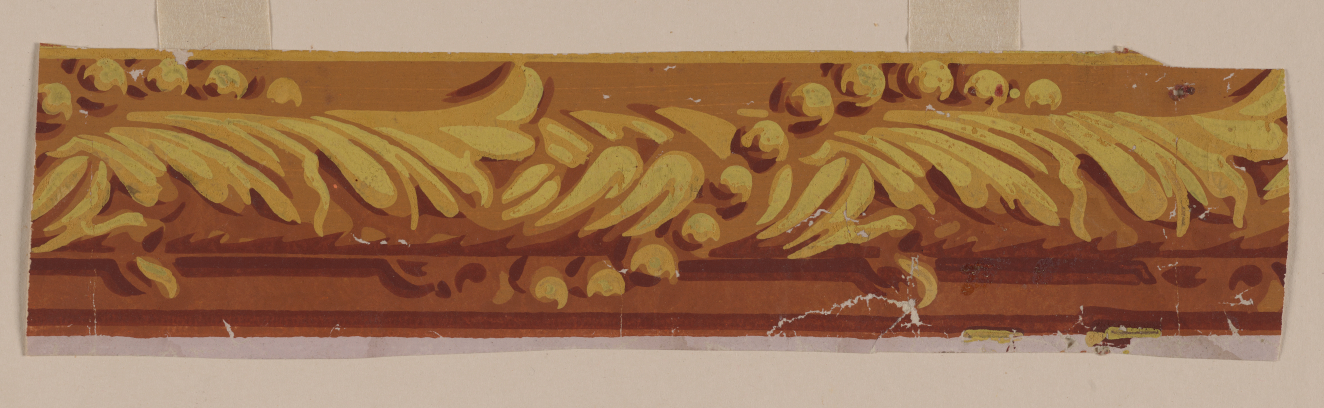 Horizontal design strip on a neutral background depicting a repeating gold pattern of intricately shaded leaves intertwined with a curving line of berries on a deep brown base.
