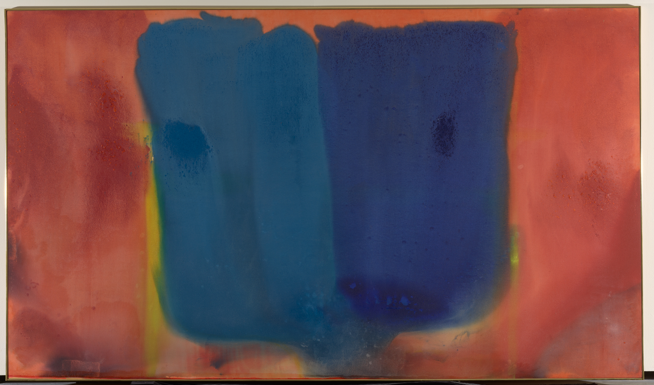  Two slightly overlapping and rounded rectangular shapes are centered in an orange canvas with yellow washes. The shape to the left is in a gray blueish-green hue while the one on the right is a darker violet-blue color. 