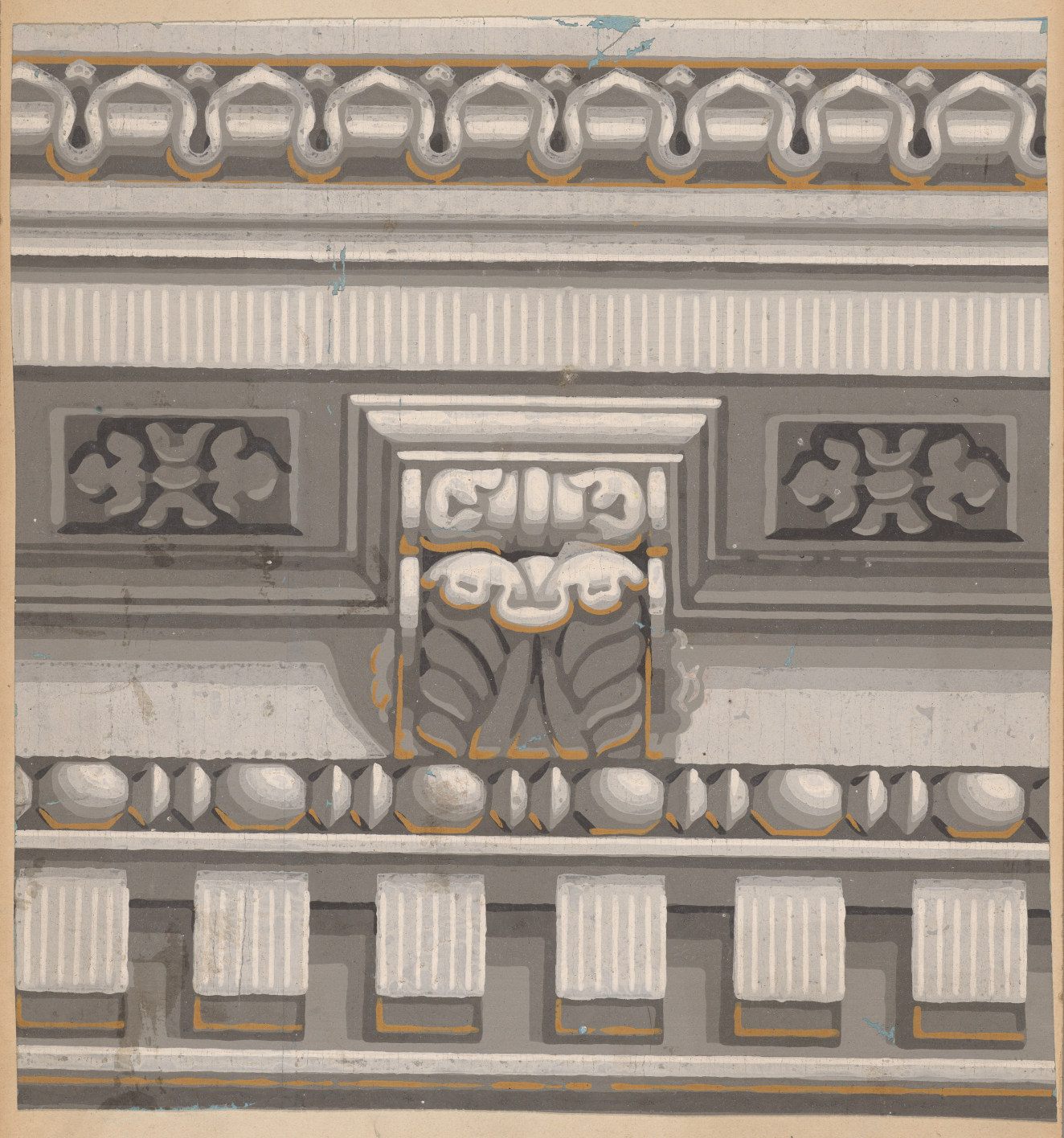 Gray ornamental design. In the center are floral motifs in rectangular shapes shaded to imitate delicate stone carvings. Above and below are borders with ornate beaded and geometric designs.