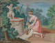 Classical scene of a woman dressed in pink robes, accompanied by a lamb, kneeling to place an offering a vase of pink flowers before a statue of a cupid.