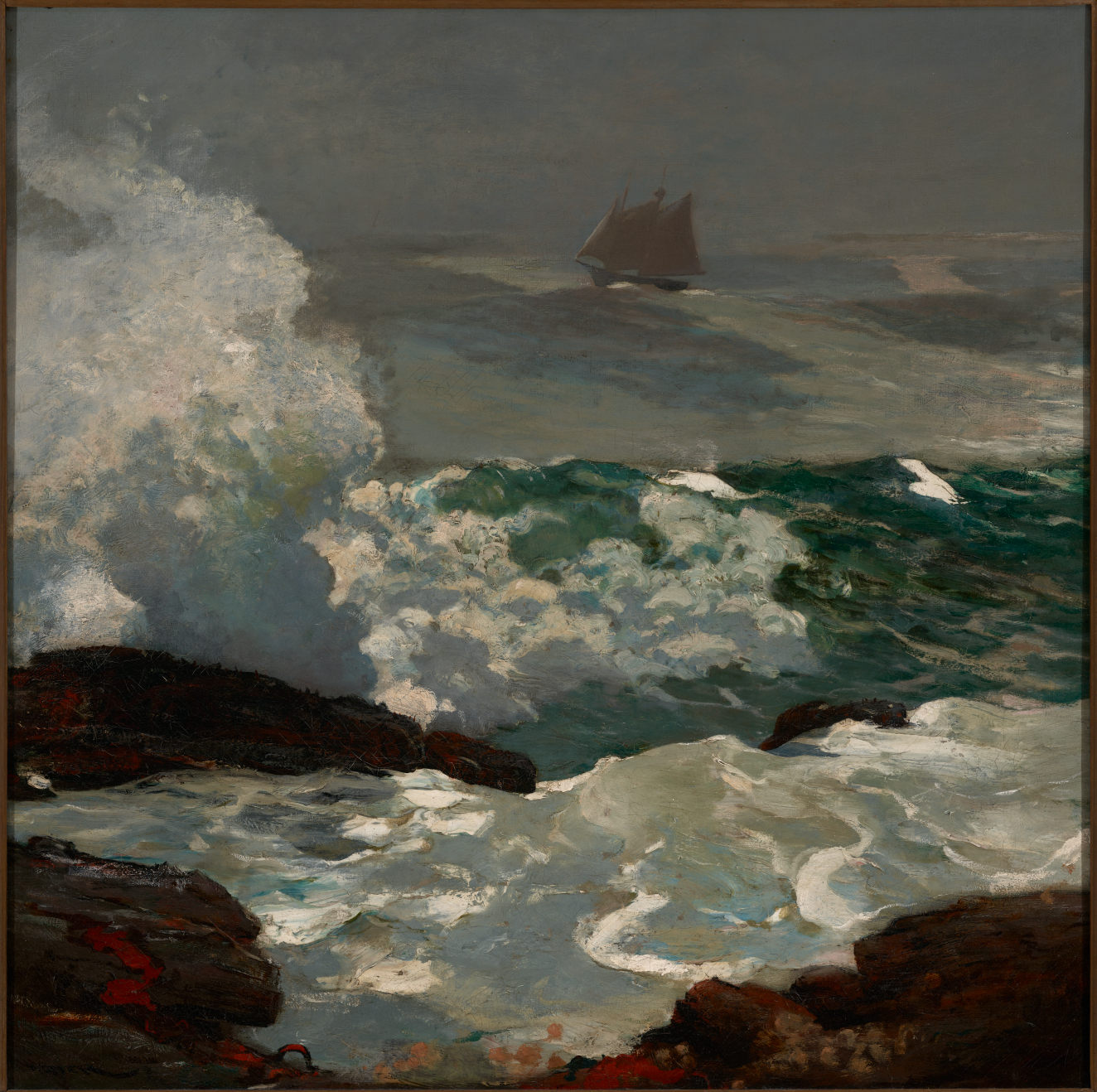Waves crashing against dark rocks, with a lone sailboat drifting in the distance.