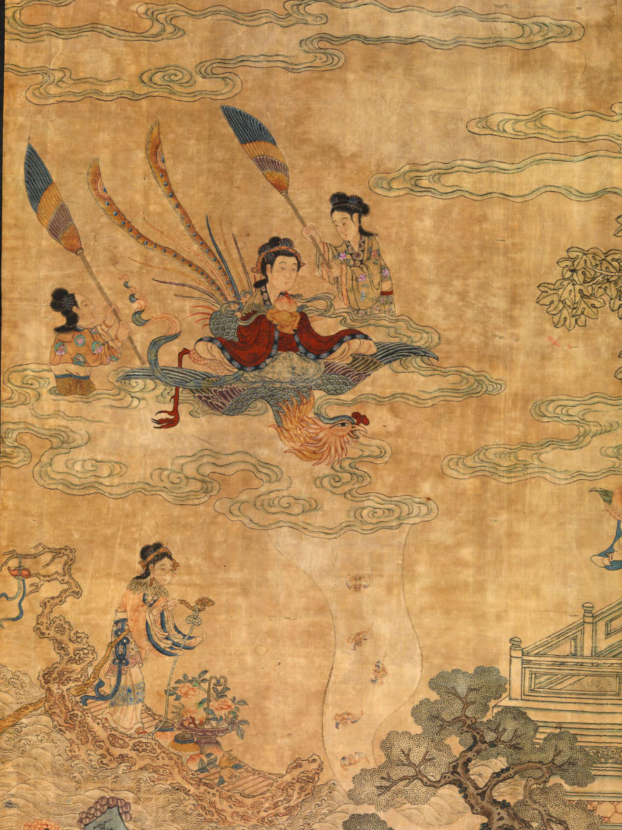 Zoomed-out detail of the scroll showing two figures besides each other resting on clouds and a figure below them walking towards a balcony.