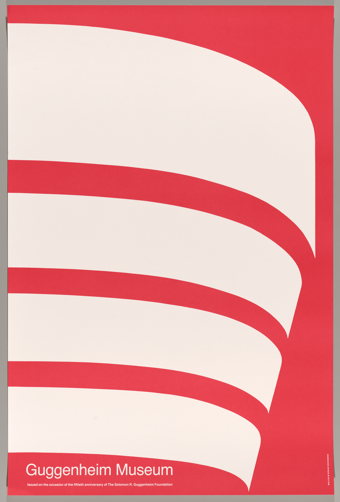 A graphic of stacked white curves set against a vibrant red background, representing the Guggenheim Museum’s architecture, with white text at the bottom: “Guggenheim Museum.”