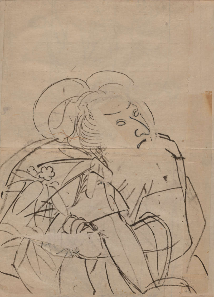 An ink sketch of a figure in a loosely rendered traditional Japanese robe. Their head is turned in profile, with a blank gaze.