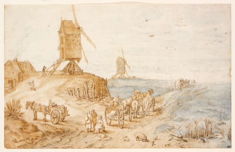 Watercolor in soft shades of brown and blue depicting a rustic  landscape with prominent windmills against a bright sky, where horse drawn carts travel along a path into the horizon.