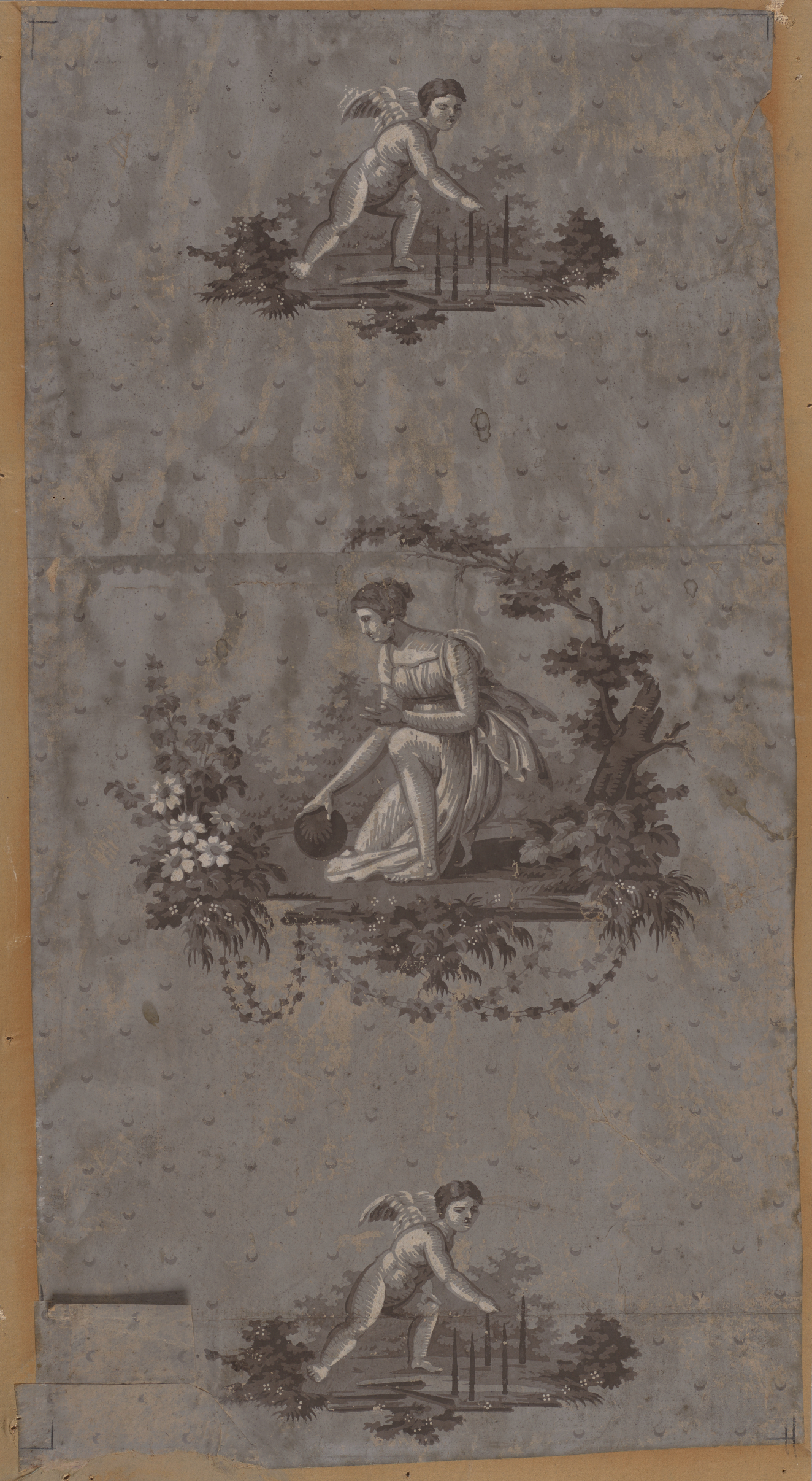 Vertical tapestry panel with three sepia-toned vignettes. Two identical vignettes of a cupid frolicking sandwich a center wreath-framed vignette depicting a kneeling woman in classical garb.