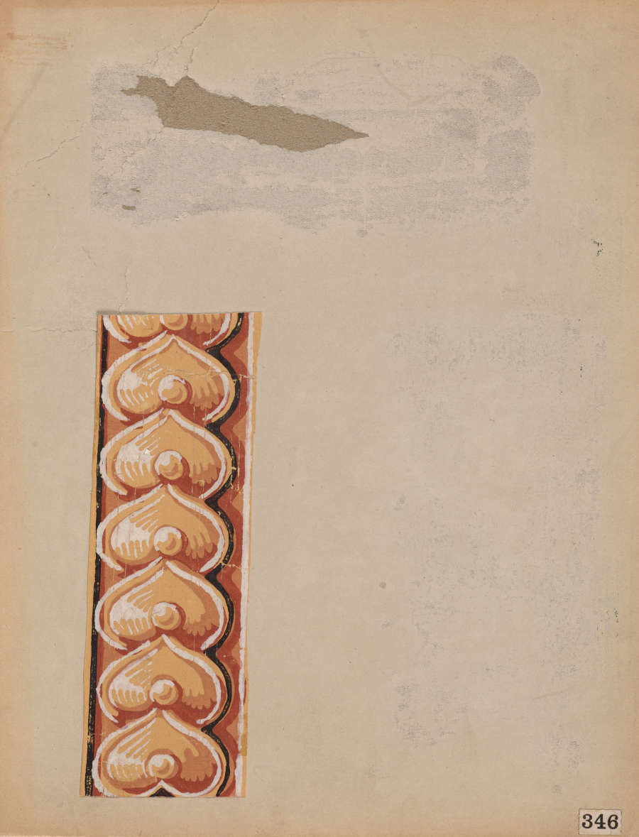 Paper showcasing a vertical decorative border with an orange pattern of intricately shaded heart shapes accented by circular forms. Above is a gray tear accompanied by other surface damage.