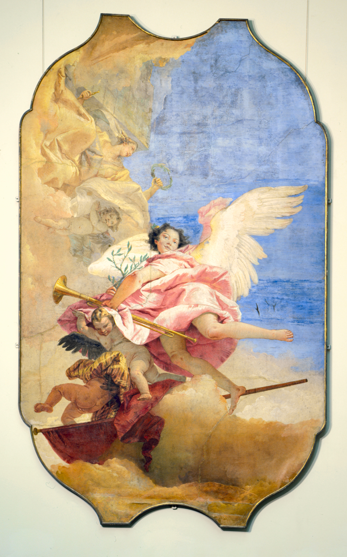 An ornate panel painting depicting a white-winged figure in pink robes wielding a trumpet over two smaller, struggling dark-winged figures while gold figures emerge above from a blue background.