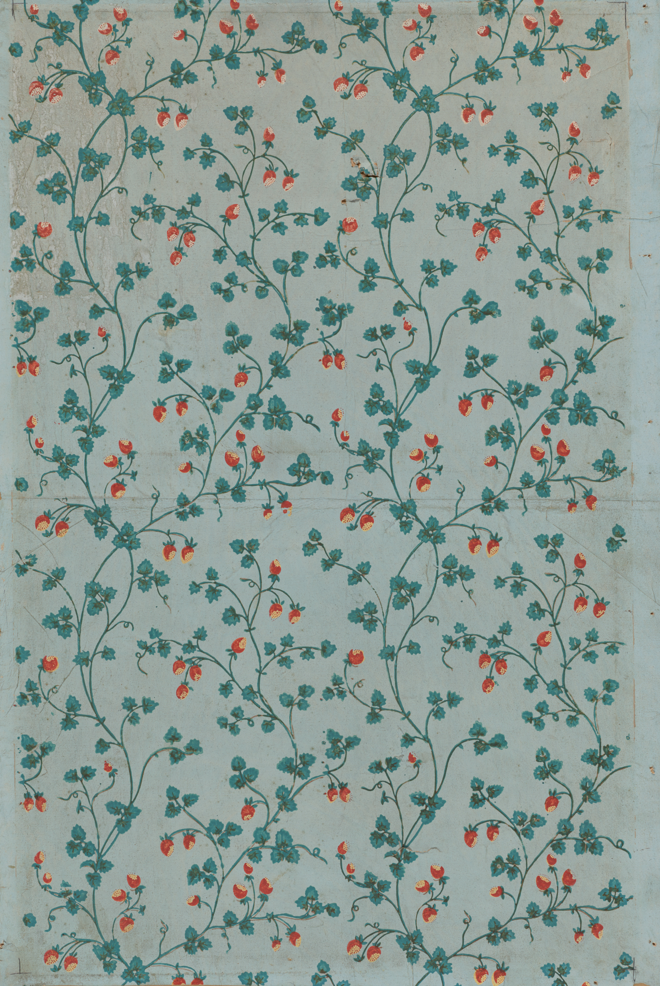 Light blue wallpaper with small, red strawberries and green leaves attached to intertwining green vines throughout.
