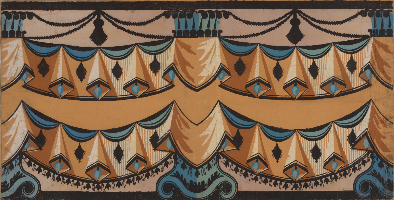 Wallpaper with Art Deco style drapery pattern with a diamond motif in a palette of brown, black, cream, and teal.