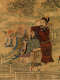 Detail of the scroll showing two three robed figures standing together with their hands raised to the left. The leftmost man holds up a large peach. They are on a balcony amongst leaves and clouds.