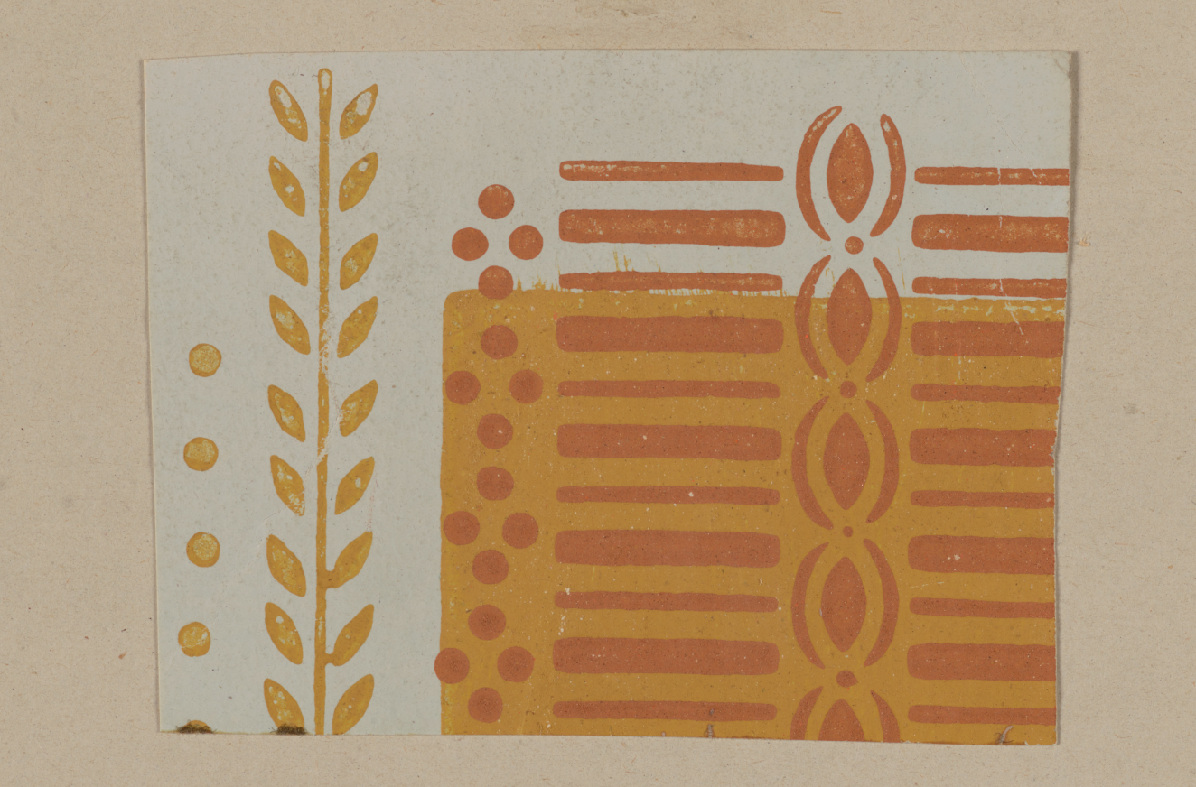 Orange Decorative design on a light backdrop with a vertical leafy stem besides rows of dots and a rectangle with horizontal stripes and intersecting ovals. 