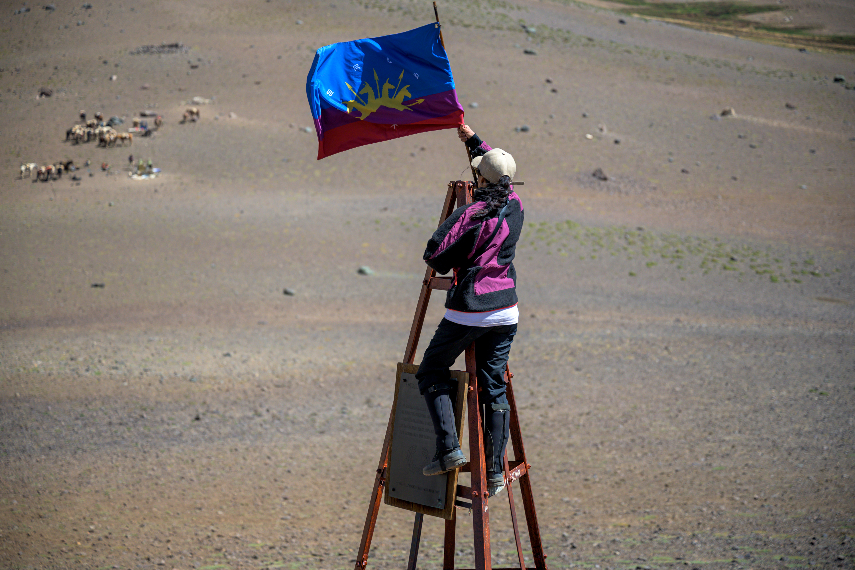 A person climbs a braced wooden structure, securing a blue and red flag with a yellow emblem to its top, while scattered animals graze in the distant barren landscape. 