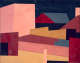 A composition of overlapping geometric blocks in solid reds, pinks, and golds against a navy sky, resembling an abstract cityscape. 