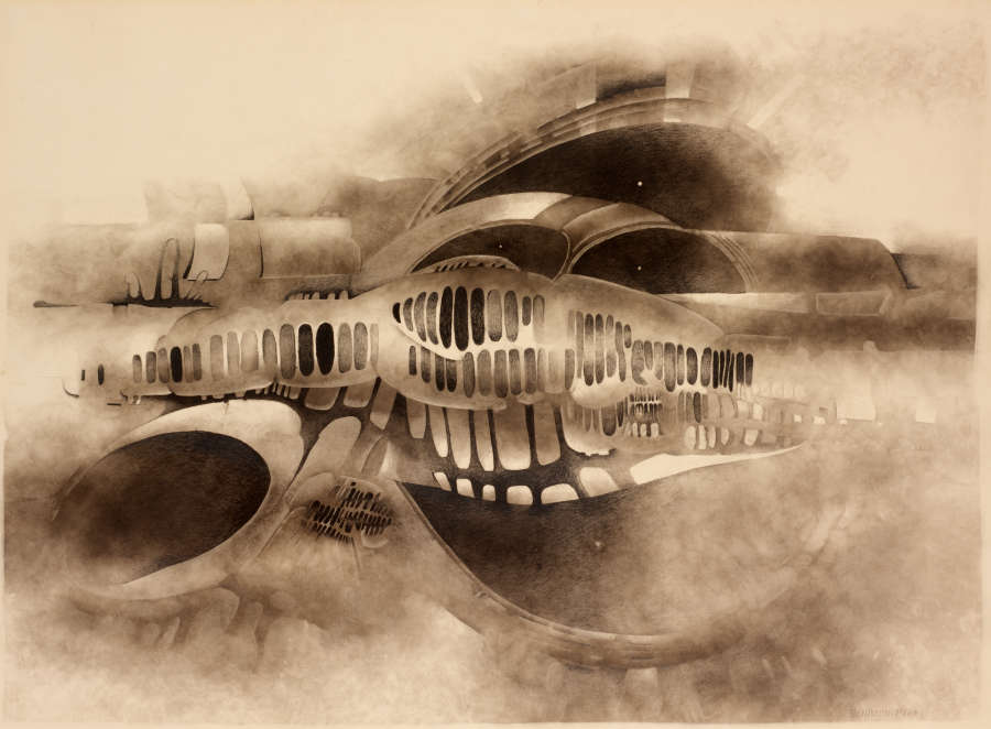 An abstract drawing that looks like an architectural edifice or complex machinery. The graphite and soot have been applied and scraped off in places, giving it a foggy appearance.