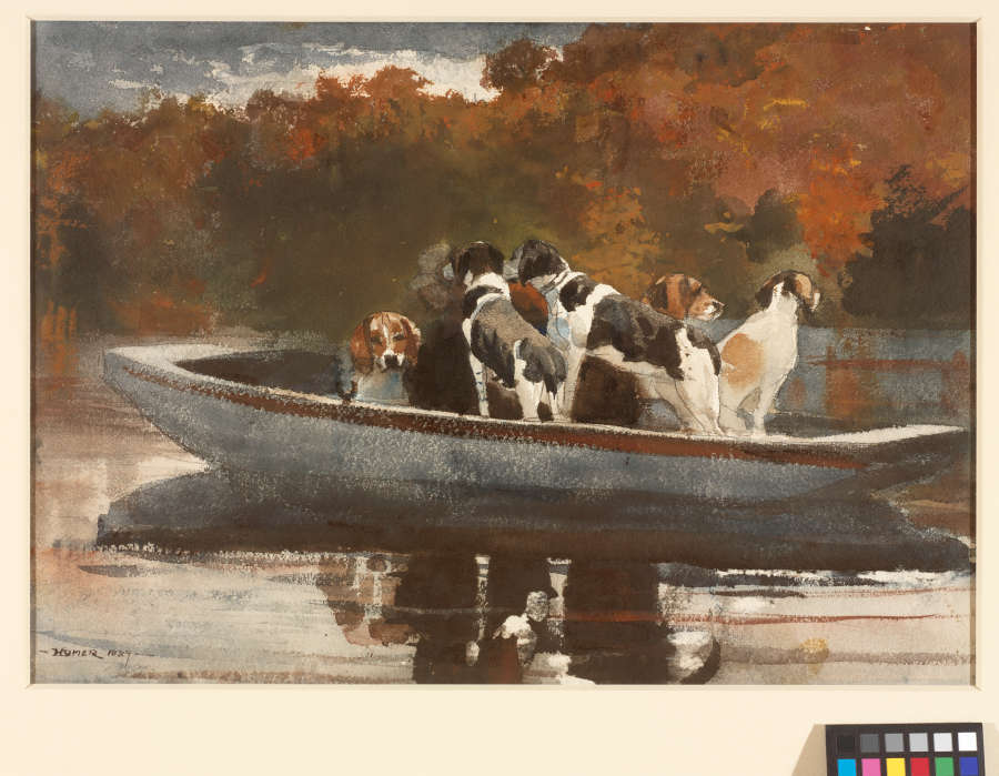 A painting of a pack of alert dogs with black, white, and brown coats gather in a light blue rowboat upon a clear lake with autumnal trees in the background. 