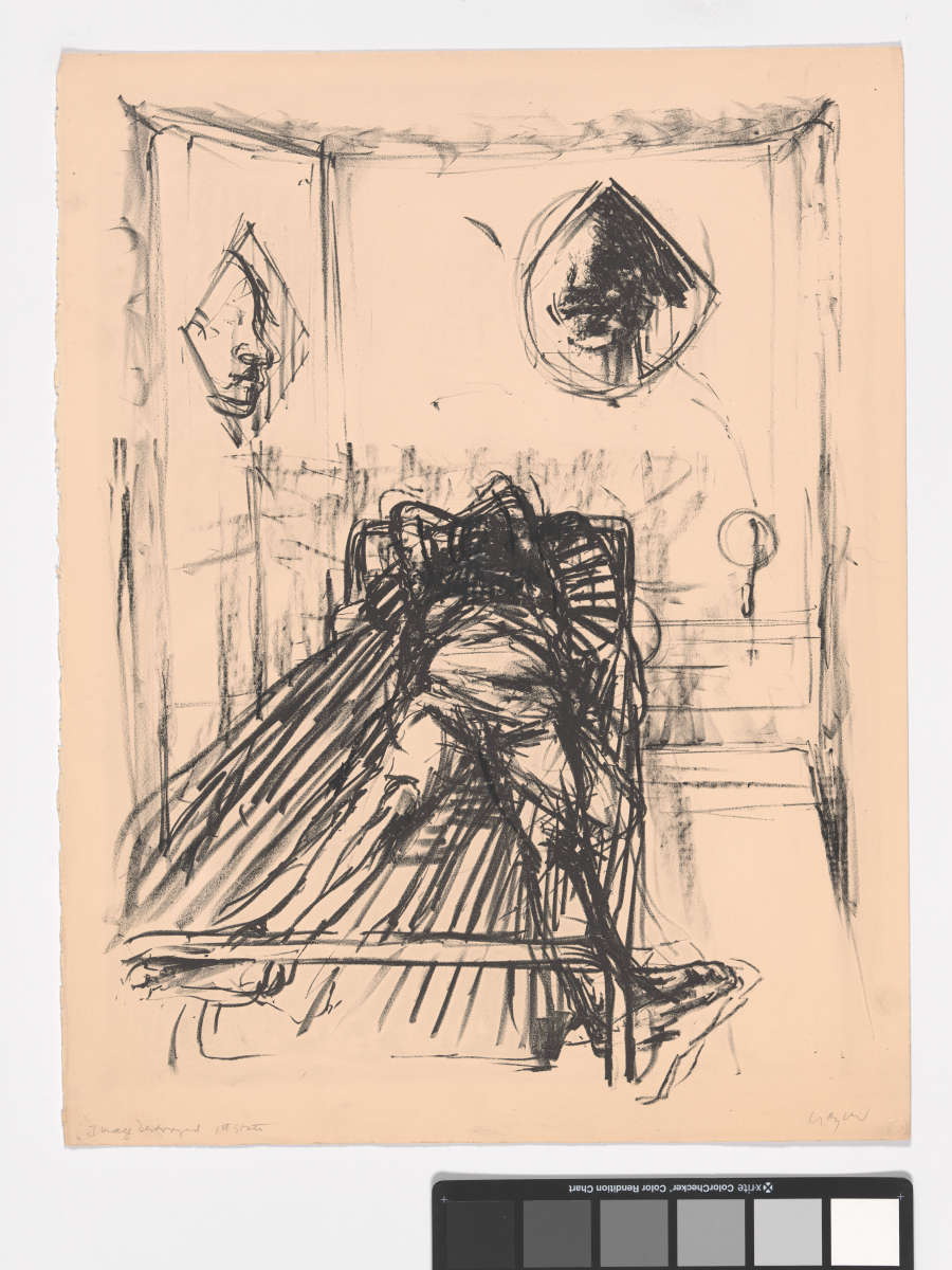 Rough, loose black lines illustrate a semi-nude figure lying on a bed in a small room, feet extended and arms wrapped around their head. Two faces peer in through windows.