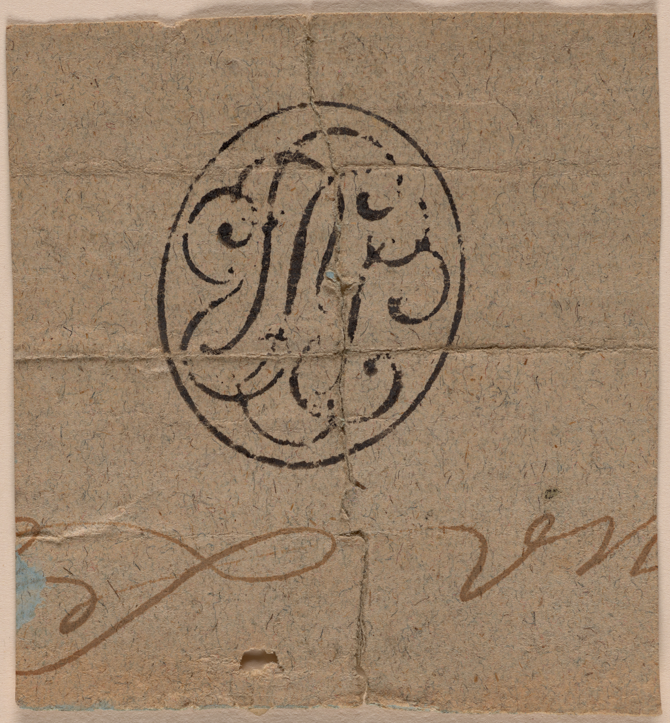 Brown, wrinkled sheet of paper with an aged black, circular stamp in the center and indistinguishable, handwritten, light brown cursive text below it.
