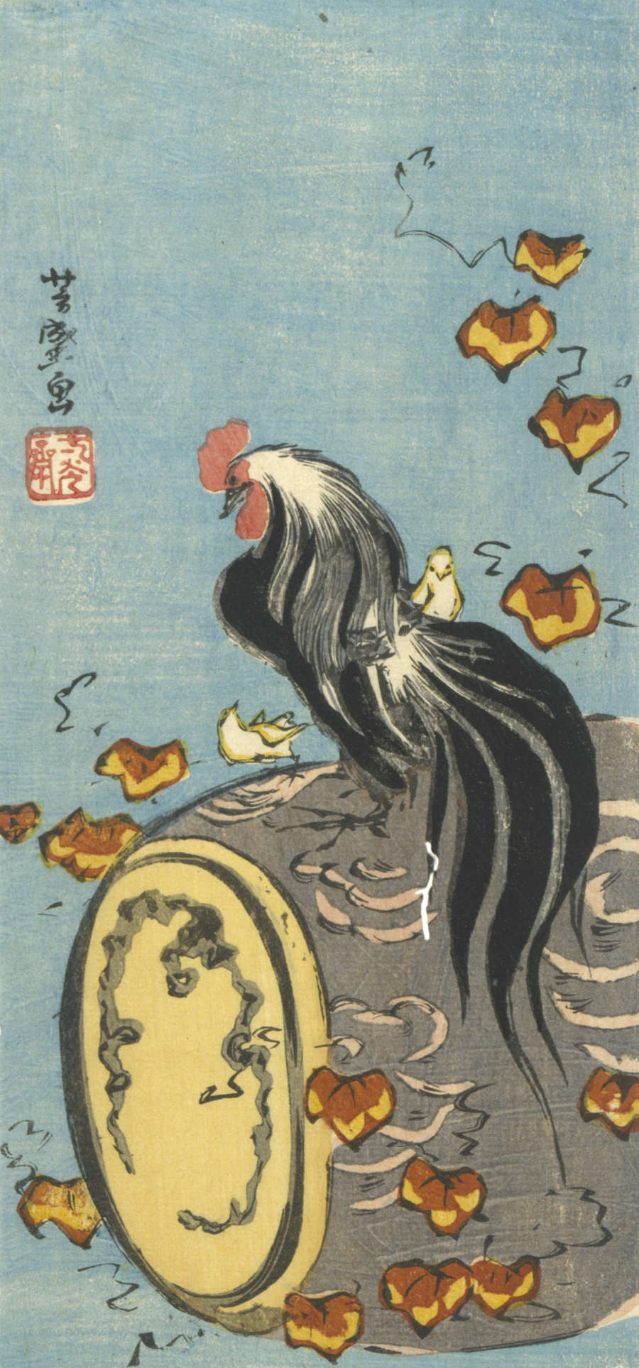 A woodblock print of a red-crested black rooster perched on a wooden drum. Red and yellow ivy leaves swirl around the rooster.