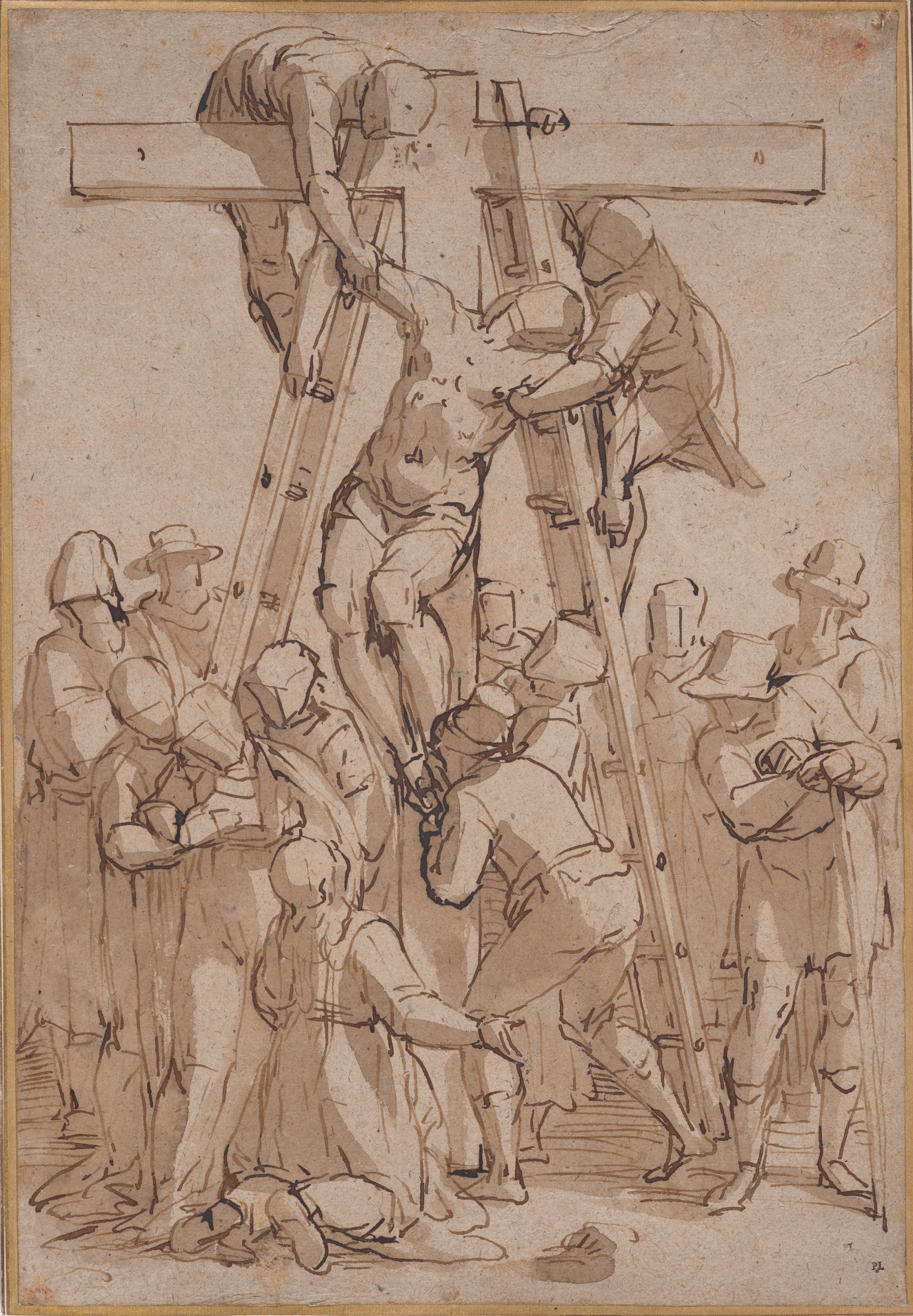 A pen and ink with brown wash gestural drawing of Christ’s body being taken down from the Cross by his followers and Mary. The faceless figures create a pyramid form.