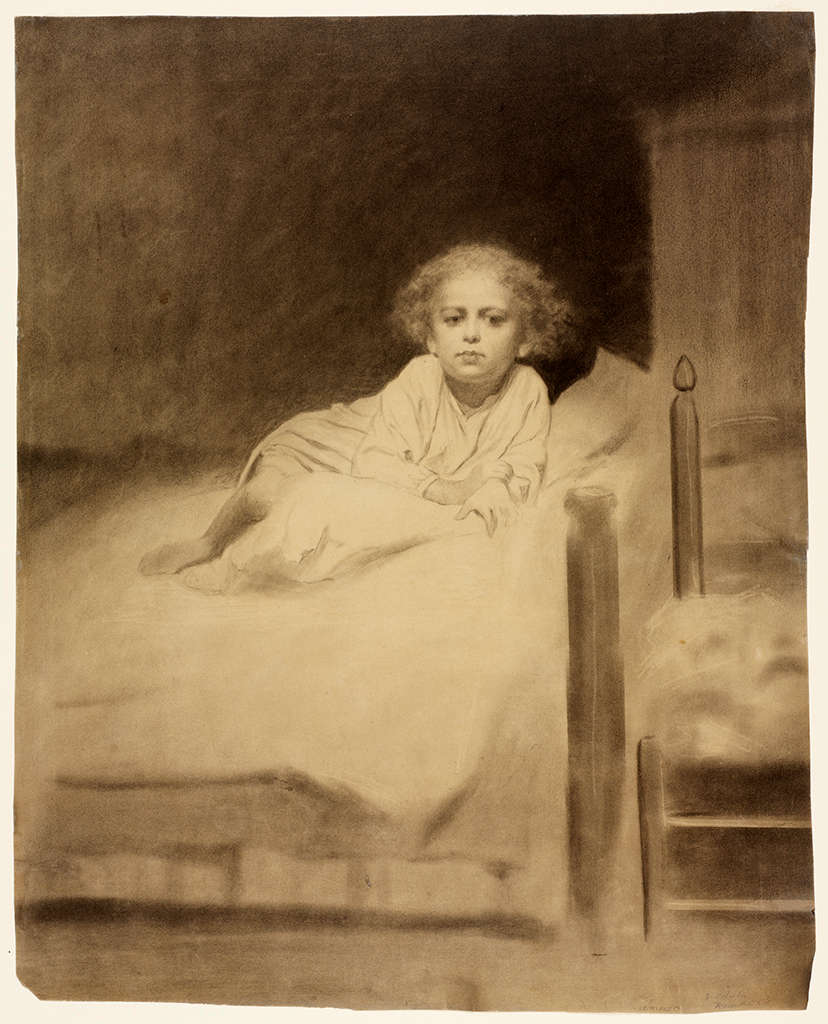 Drawing depicting a young child lying on a bed, the eyes and chin with deep shadows and relies on the brightness of the paper to emphasize the nose and brow. The effect of lamplight is suggested by the color of the paper as revealed through black veils of charcoal.