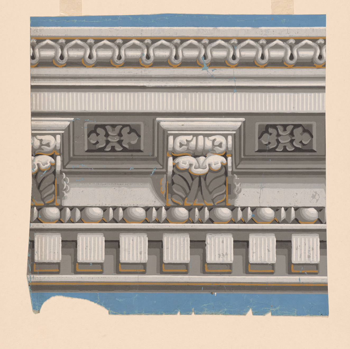 Wallpaper fragment depicting ornate white ceiling border with floral patterns, bead motifs and square tiles set against a blue background.