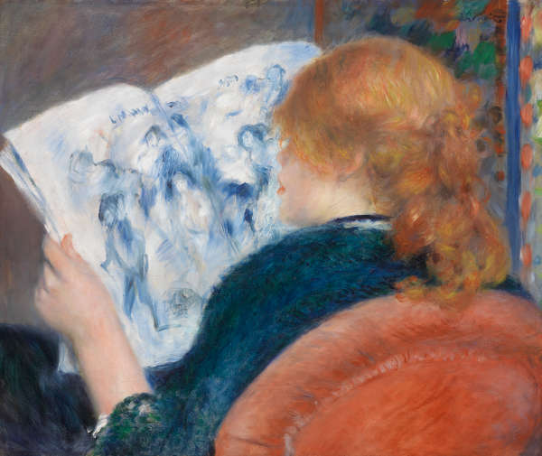 A gestural painting of a woman, shown from behind, wearing blue with her red hair loosely tied back. Her hair hides her eyes from view. She reads an illustrated newspaper in an upholstered red chair. 
