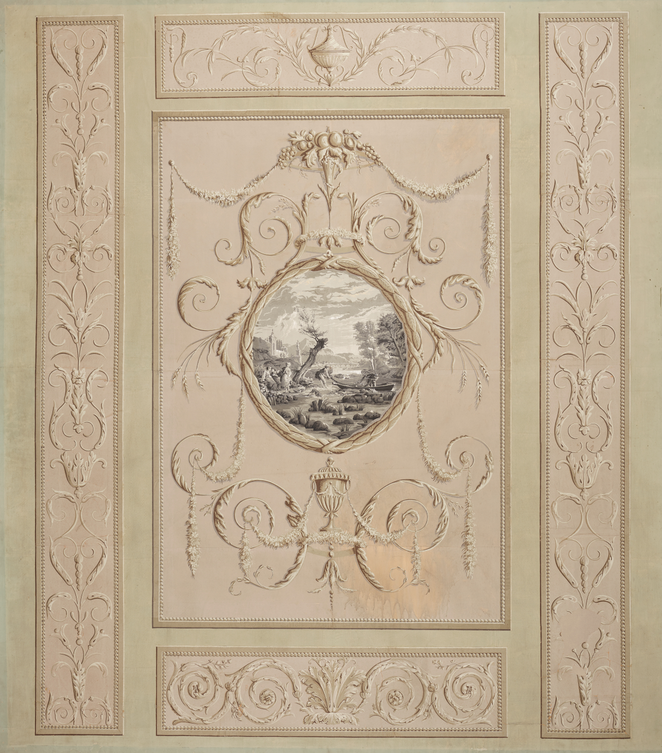 A decorative panel with intricate scrollwork surrounding a central oval medallion depicting a romanticized landscape scene.