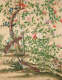 Segment of wallpaper depicting an elegant nature scene of pheasants amid lush flora with vibrant blooming pink, white, and blue flowers on a pale background. 