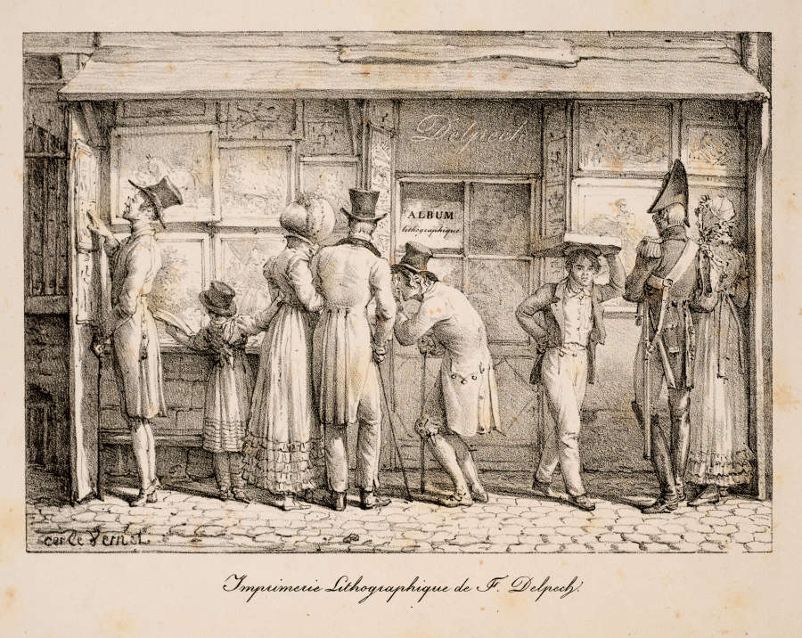 A black and white illustration depicting a small group gathered outside a shop window, with people of various ages, dressed in period attire.