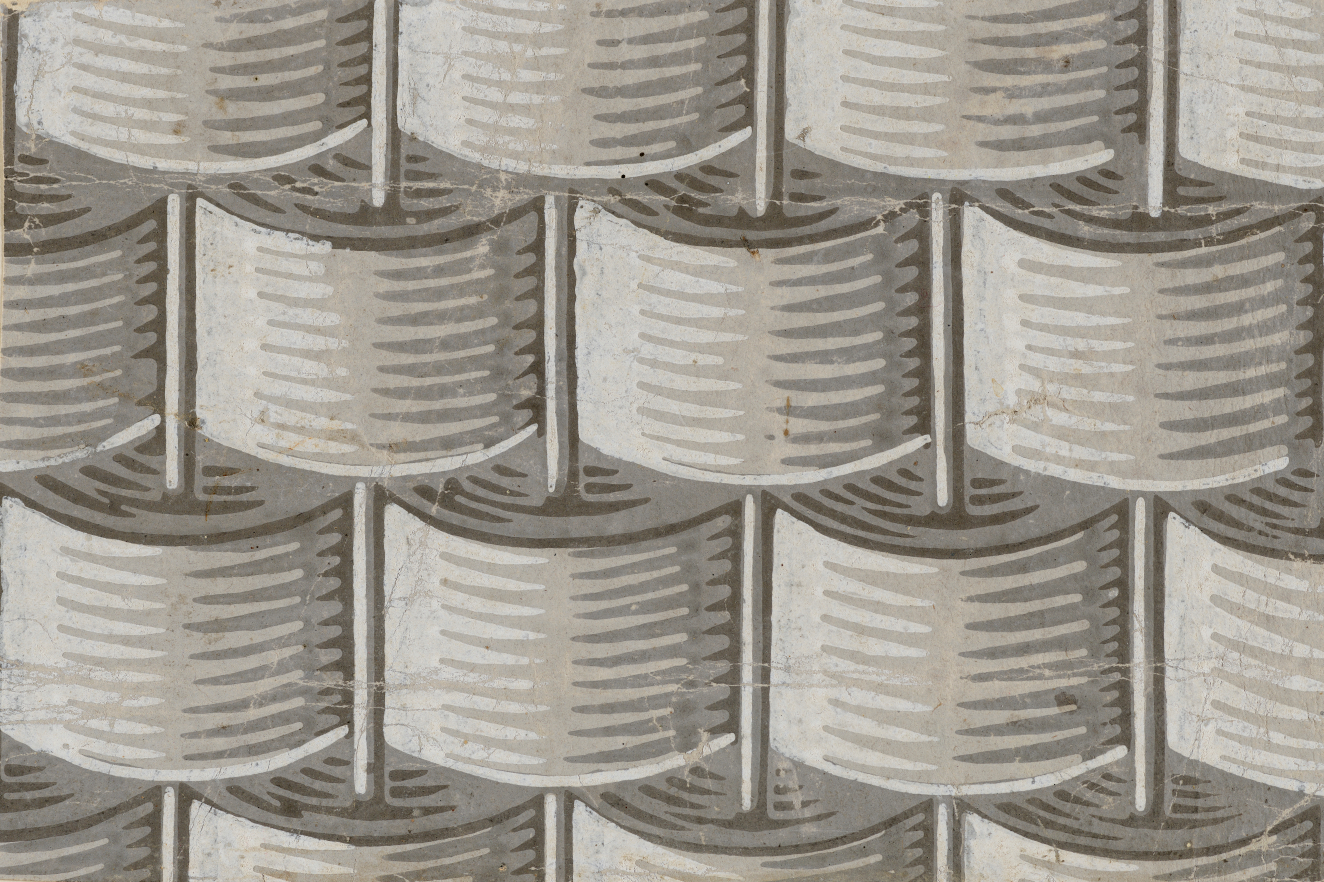 Geometric pattern featuring layered arched shapes in a repeating brick pattern shaded in gray tones.