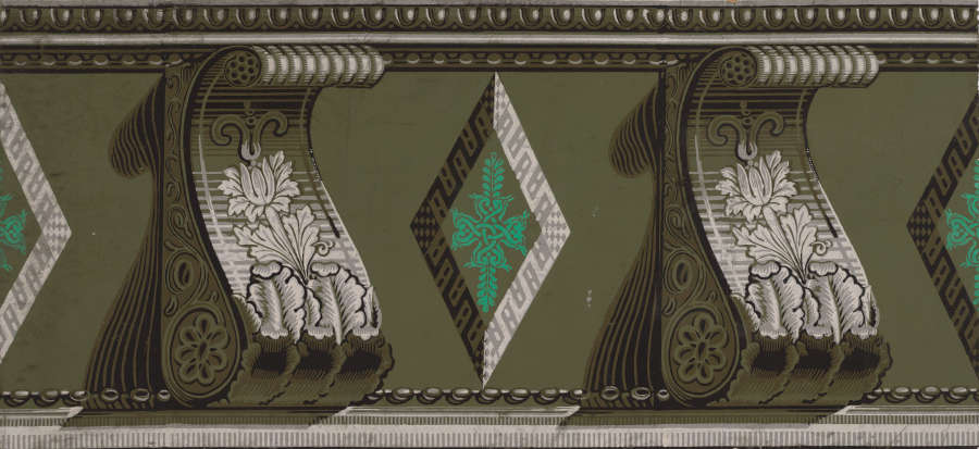 Neoclassical frieze pattern featuring stylized carved structures decorated with acanthus leaves interspersed with geometric diamonds on an olive background. The objects give off the illusion that they’re 3D.