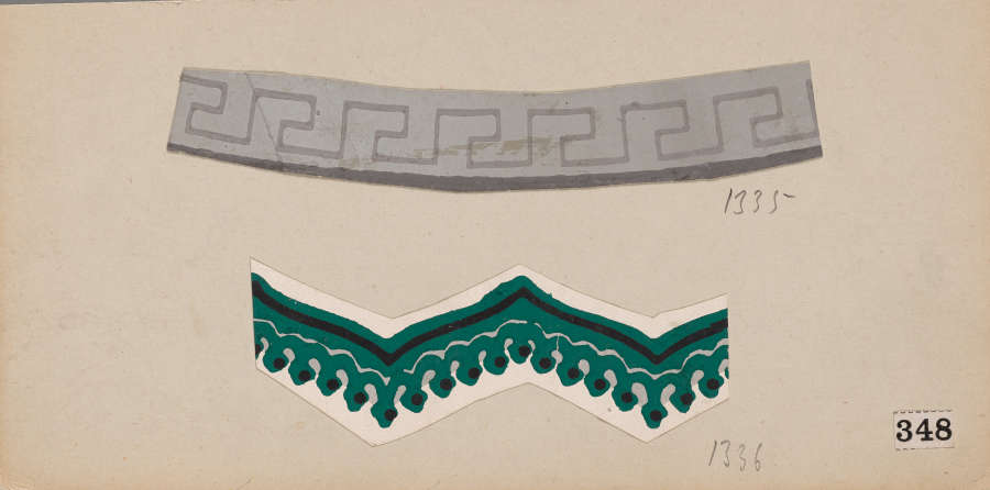 Page featuring two patterns. Above is a curved gray strip with a geometric design and below is a green zigzag with bottom edge made up of teardrop shapes.